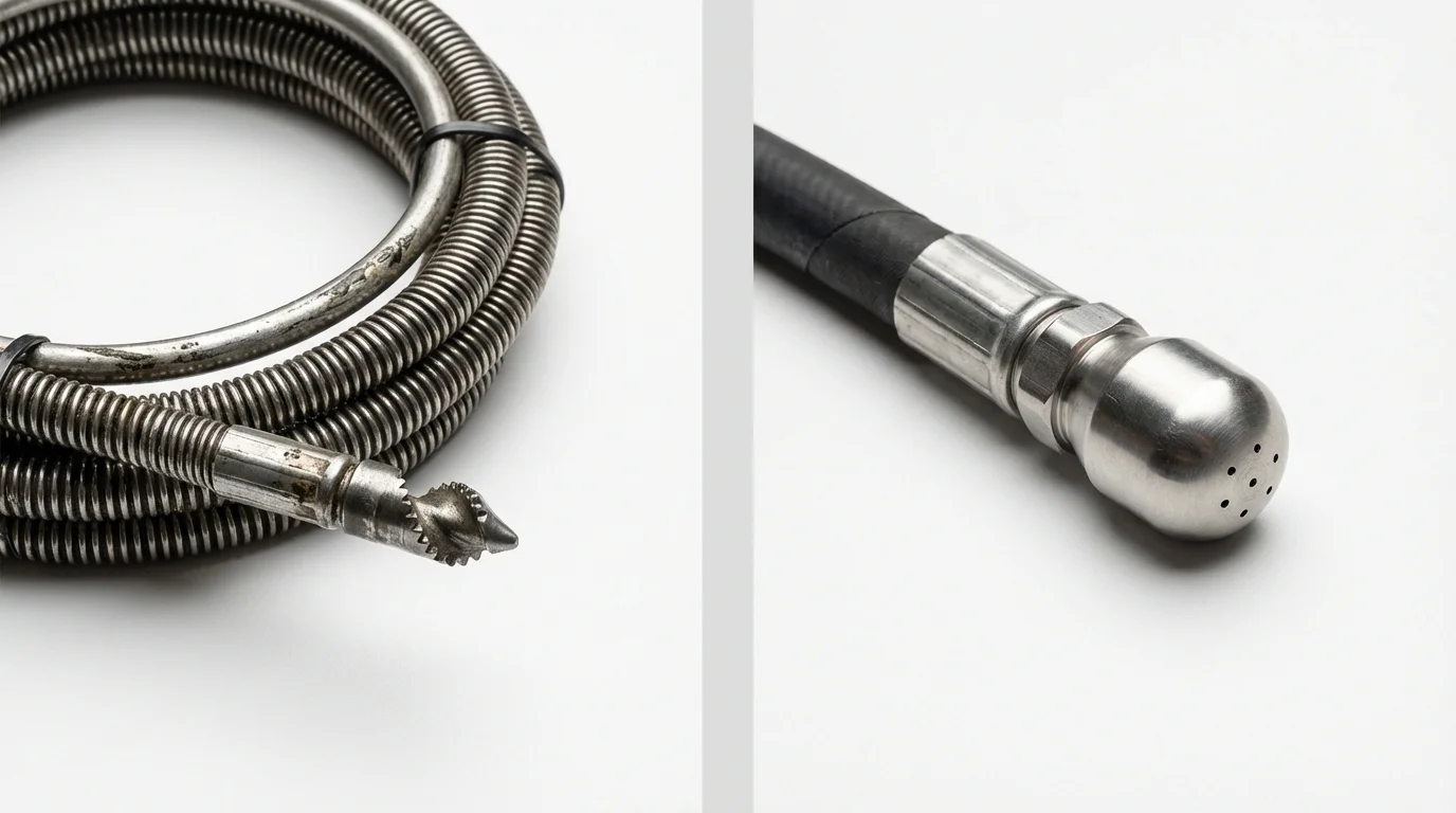 Drain snake cable and hydro jetting nozzle used for drain cleaning in Monroe, IA