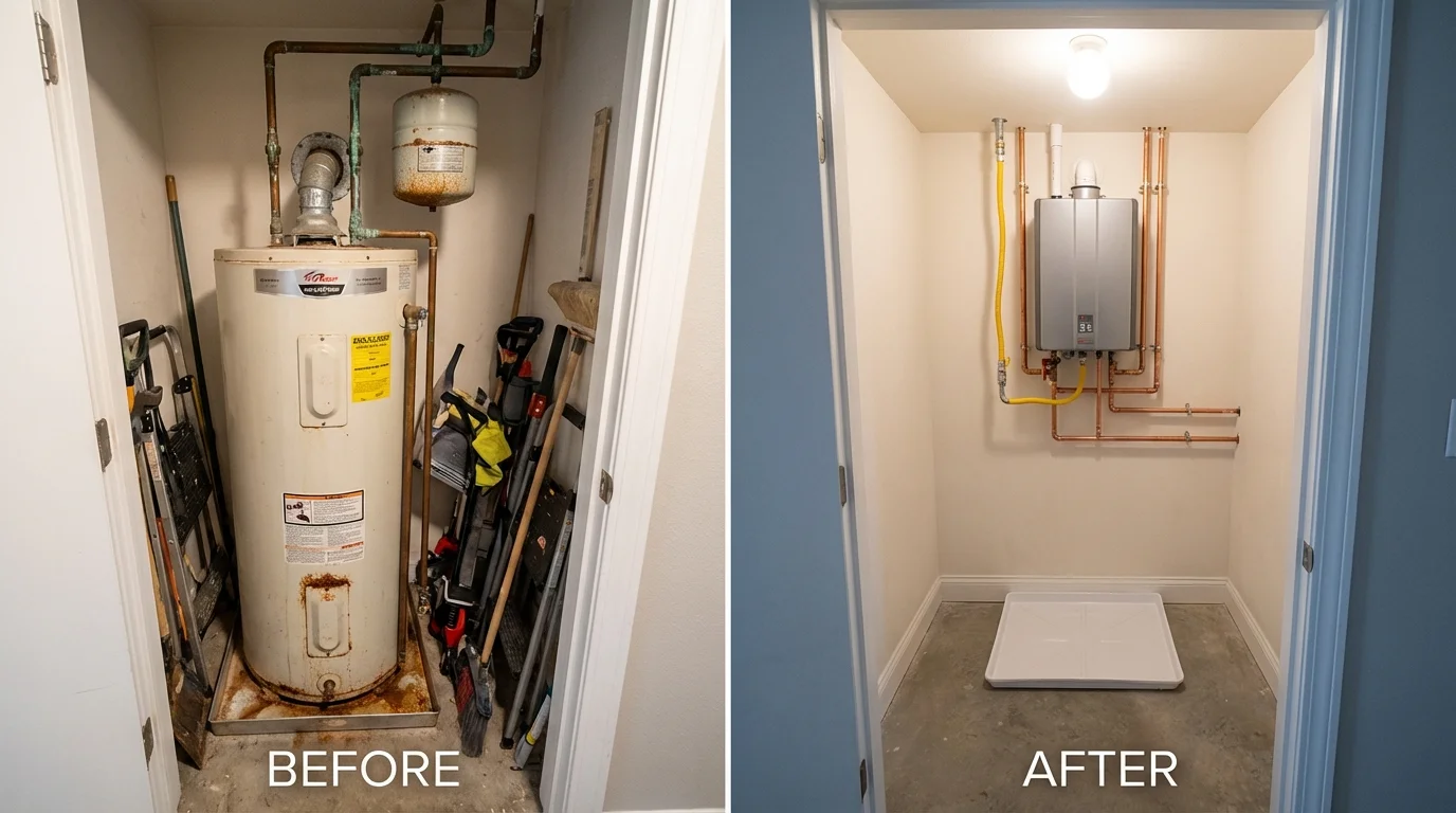 Tank water heater versus wall-mounted tankless unit comparison for Monroe, IA homeowners