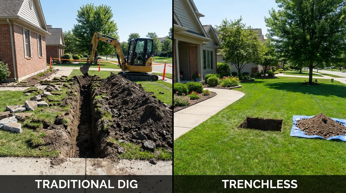 Trenchless sewer repair with minimal yard damage versus traditional excavation in Monroe, IA