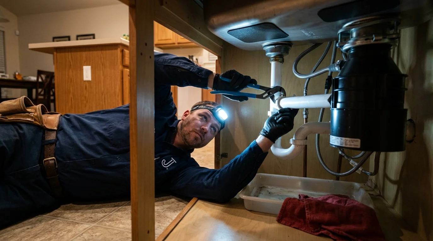 P-trap and supply line connections under a kitchen sink showing a common leak point in Monroe, IA